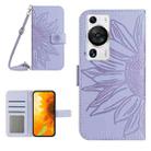 For Huawei P60 Pro Skin Feel Sun Flower Embossed Flip Leather Phone Case with Lanyard(Purple) - 1