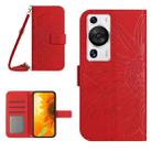 For Huawei P60 Pro Skin Feel Sun Flower Embossed Flip Leather Phone Case with Lanyard(Red) - 1