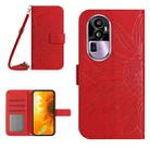 For OPPO Reno10 Pro+ Skin Feel Sun Flower Embossed Flip Leather Phone Case with Lanyard(Red) - 1