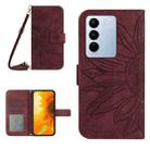 For vivo V27E 4G Global Skin Feel Sun Flower Embossed Flip Leather Phone Case with Lanyard(Wine Red) - 1