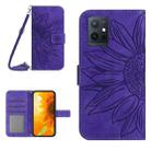 For vivo Y75 5G Global Skin Feel Sun Flower Embossed Flip Leather Phone Case with Lanyard(Dark Purple) - 1