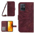 For vivo Y75 5G Global Skin Feel Sun Flower Embossed Flip Leather Phone Case with Lanyard(Wine Red) - 1