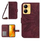 For vivo Y02S Global / Y16 4G Global Skin Feel Sun Flower Embossed Flip Leather Phone Case with Lanyard(Wine Red) - 1