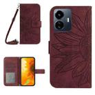 For vivo Y22 4G Global / Y35 4G Global Skin Feel Sun Flower Embossed Flip Leather Phone Case with Lanyard(Wine Red) - 1