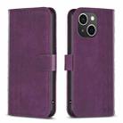 For iPhone 14 Plaid Embossed Leather Phone Case(Purple) - 1