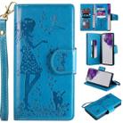 For Samsung Galaxy S20 Ultra Woman and Cat Embossed Horizontal Flip Leather Case, with Card Slots & Holder & Wallet & Photo Frame & Mirror & Lanyard(Blue) - 1