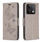 For Xiaomi Redmi Note 13 Two Butterflies Embossing Leather Phone Case(Grey) - 1