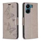 For Xiaomi Redmi 13C Two Butterflies Embossing Leather Phone Case(Grey) - 1