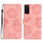 For Huawei P40 Flower Embossing Pattern Leather Phone Case(Pink) - 1