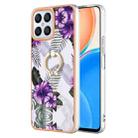 For Honor X8 4G Electroplating IMD TPU Phone Case with Ring(Purple Flower) - 1