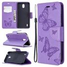 For Nokia 1.3 Two Butterflies Embossing Pattern Horizontal Flip Leather Case with Holder & Card Slot & Wallet & Lanyard(Purple) - 1