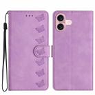 For iPhone 16 Seven Butterflies Embossed Leather Phone Case(Purple) - 1