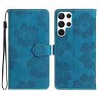 For Samsung Galaxy S22 Ultra 5G Flower Embossing Pattern Leather Phone Case(Blue) - 1