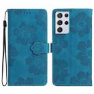 For Samsung Galaxy S21 Ultra 5G Flower Embossing Pattern Leather Phone Case(Blue) - 1