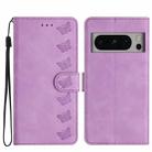 For Google Pixel 8 Pro Seven Butterflies Embossed Leather Phone Case(Purple) - 1