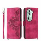 For OPPO Reno11 Skin-feel Flowers Embossed Wallet Leather Phone Case(Wine Red) - 1