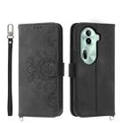 For OPPO Reno11 Skin-feel Flowers Embossed Wallet Leather Phone Case(Black) - 1