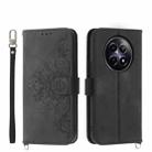 For Realme 12 5G Skin-feel Flowers Embossed Wallet Leather Phone Case(Black) - 1