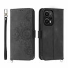 For Xiaomi Redmi Note 12 Turbo 5G/Poco F5 Skin-feel Flowers Embossed Wallet Leather Phone Case(Black) - 1