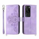 For Huawei P60 / P60 Pro Skin-feel Flowers Embossed Wallet Leather Phone Case(Purple) - 1