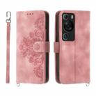 For Huawei P60 / P60 Pro Skin-feel Flowers Embossed Wallet Leather Phone Case(Pink) - 1