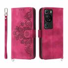 For Huawei P60 / P60 Pro Skin-feel Flowers Embossed Wallet Leather Phone Case(Wine Red) - 1