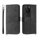 For Huawei P60 / P60 Pro Skin-feel Flowers Embossed Wallet Leather Phone Case(Black) - 1