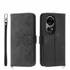 For Huawei nova 12 Pro Skin-feel Flowers Embossed Wallet Leather Phone Case(Black) - 1