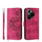 For Huawei Pura 70 Skin-feel Flowers Embossed Wallet Leather Phone Case(Wine Red) - 1