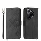 For Huawei Pura 70 Skin Feel Flowers Embossed Wallet Leather Phone Case(Black) - 1