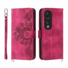 For Honor 90 Pro 5G Skin-feel Flowers Embossed Wallet Leather Phone Case(Wine Red) - 1