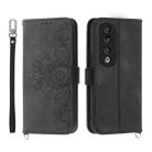 For Honor 90 Pro 5G Skin-feel Flowers Embossed Wallet Leather Phone Case(Black) - 1