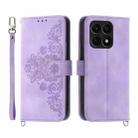 For Honor X8a 4G Skin-feel Flowers Embossed Wallet Leather Phone Case(Purple) - 1