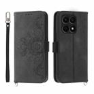 For Honor X8a 4G Skin-feel Flowers Embossed Wallet Leather Phone Case(Black) - 1