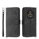 For Honor Magic5 Skin-feel Flowers Embossed Wallet Leather Phone Case(Black) - 1