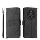 For Honor Magic5 Pro Skin-feel Flowers Embossed Wallet Leather Phone Case(Black) - 1