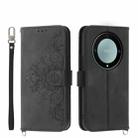 For Honor X9a Skin-feel Flowers Embossed Wallet Leather Phone Case(Black) - 1