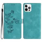 For iPhone 14 Pro Flower Butterfly Embossing Pattern Leather Phone Case(Sky Blue) - 1