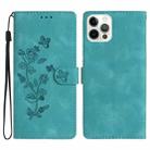 For iPhone 14 Pro Max Flower Butterfly Embossing Pattern Leather Phone Case(Sky Blue) - 1