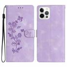 For iPhone 14 Pro Max Flower Butterfly Embossing Pattern Leather Phone Case(Purple) - 1