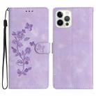 For iPhone 13 Pro Max Flower Butterfly Embossing Pattern Leather Phone Case(Purple) - 1