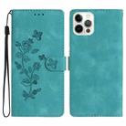 For iPhone 15 Pro Max Flower Butterfly Embossing Pattern Leather Phone Case(Sky Blue) - 1