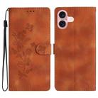For iPhone 16 Flower Butterfly Embossing Pattern Leather Phone Case(Brown) - 1