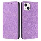 For iPhone 14 Plus Ethnic Embossed Adsorption Leather Phone Case(Purple) - 1