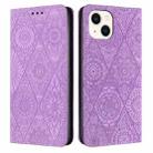 For iPhone 13 Ethnic Embossed Adsorption Leather Phone Case(Purple) - 1