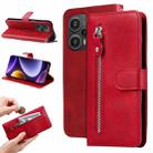For Xiaomi Redmi Poco F5 Calf Texture Zipper Leather Phone Case(Red) - 1