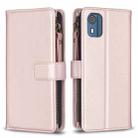 For Nokia C02 9 Card Slots Zipper Wallet Leather Flip Phone Case(Rose Gold) - 1