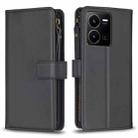For vivo Y35 4G / Y22s 9 Card Slots Zipper Wallet Leather Flip Phone Case(Black) - 1