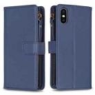 For iPhone XS / X 9 Card Slots Zipper Wallet Leather Flip Phone Case(Blue) - 1