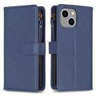 For iPhone 14 / 13 9 Card Slots Zipper Wallet Leather Flip Phone Case(Blue) - 1